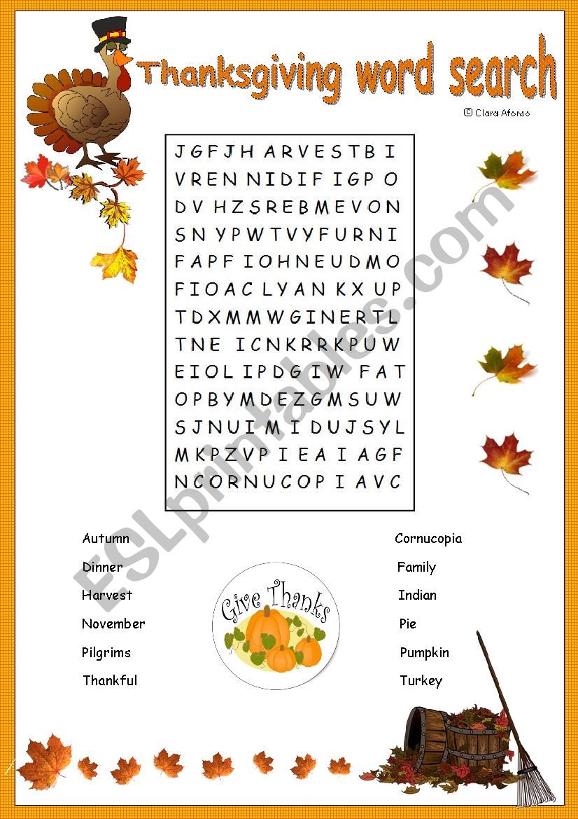 Thanksgiving word search worksheet