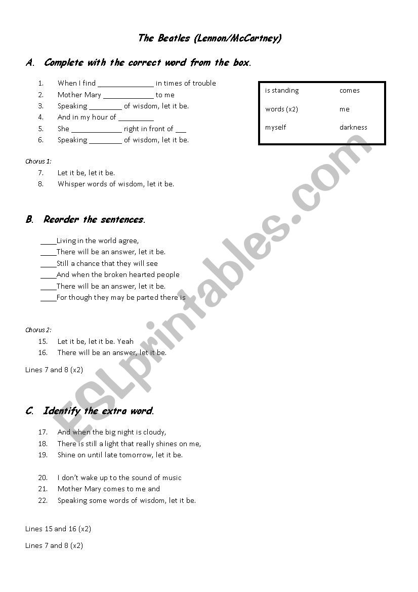 Let It Be- The Beatles worksheet