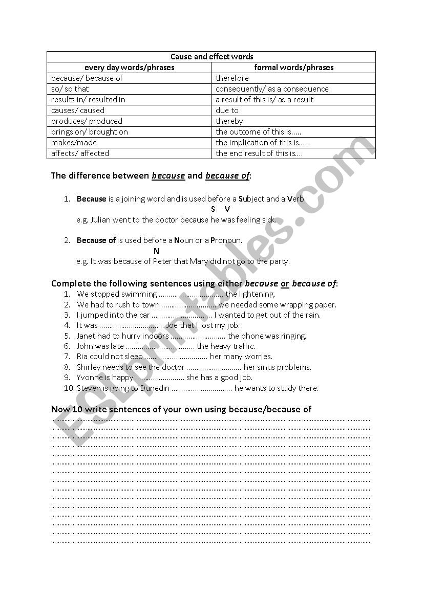 Cause and effect  worksheet