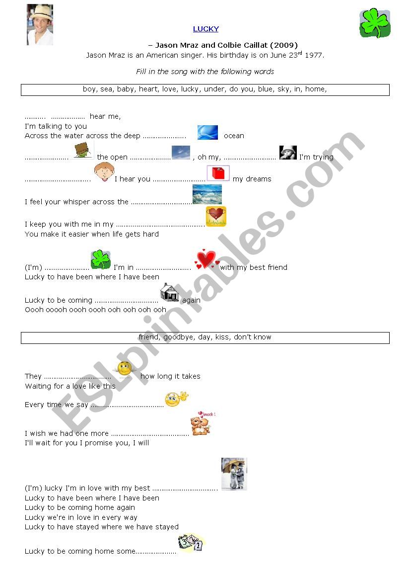 LUCKY BY JASON MRAZ worksheet