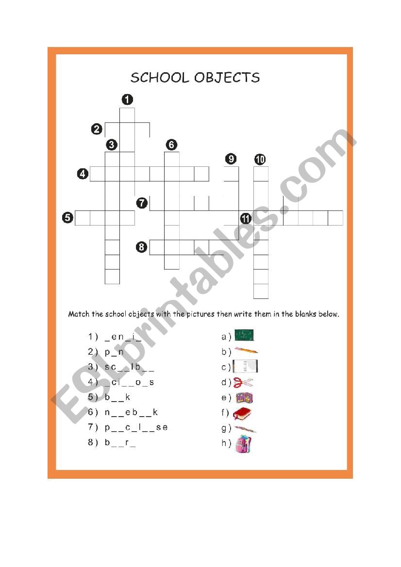 school objects worksheet