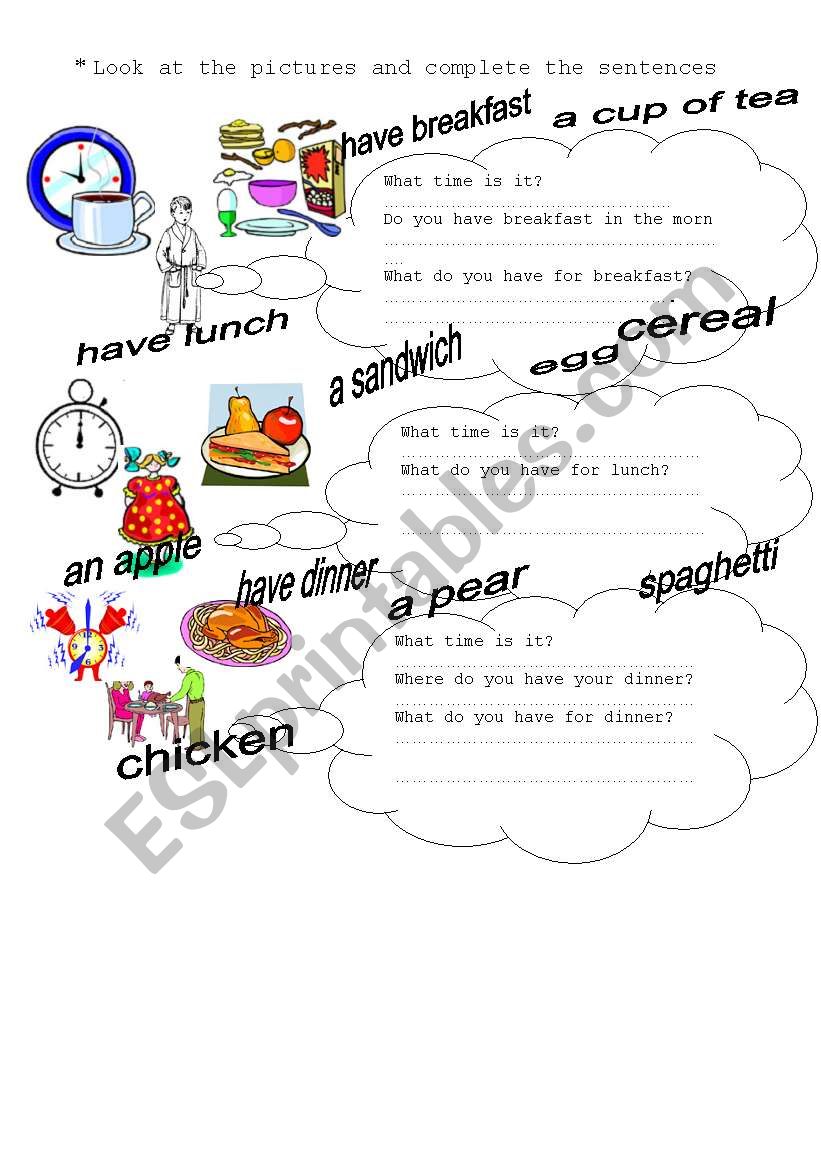 meal times worksheet