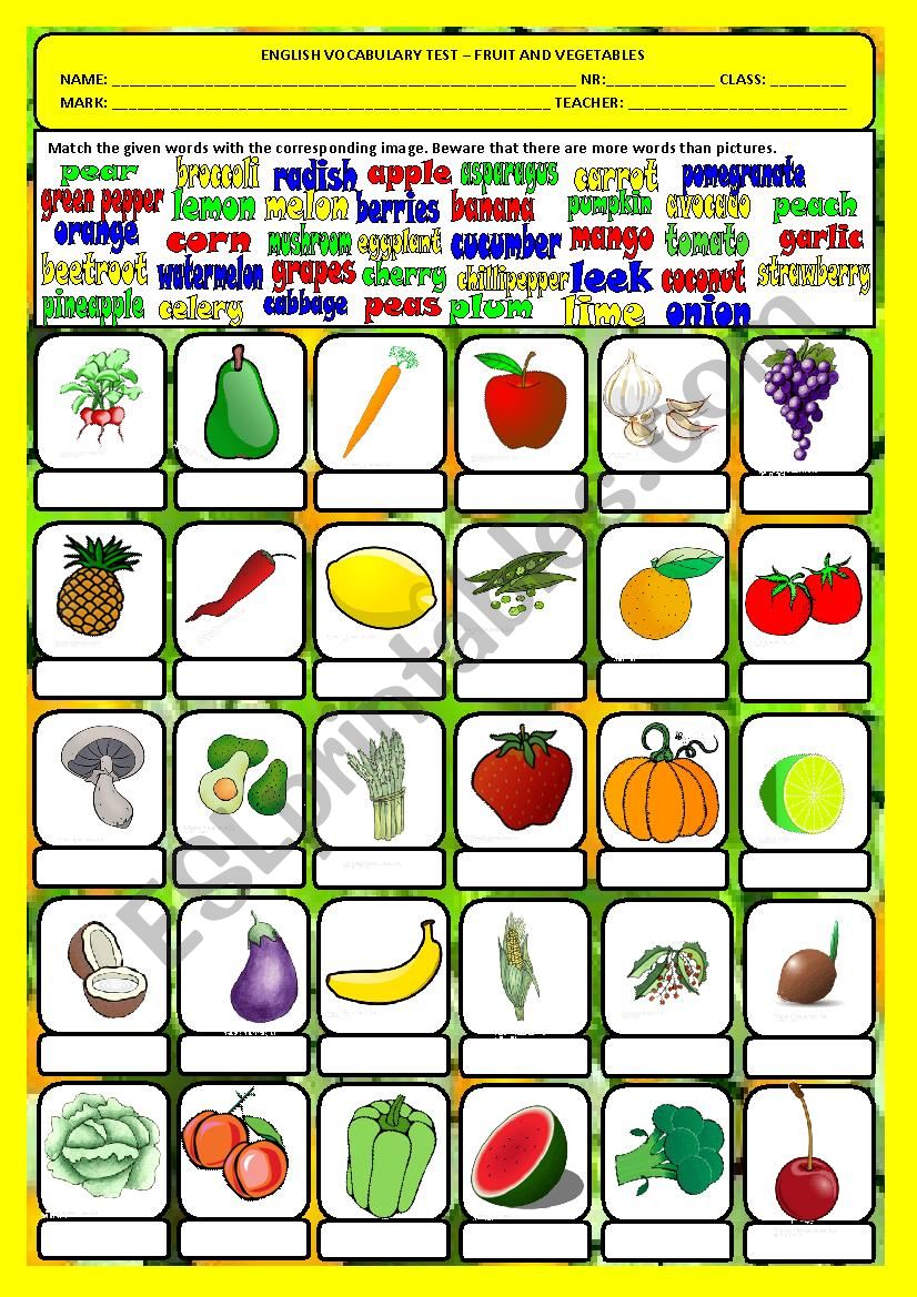Vocabulary test - fruit and vegetables