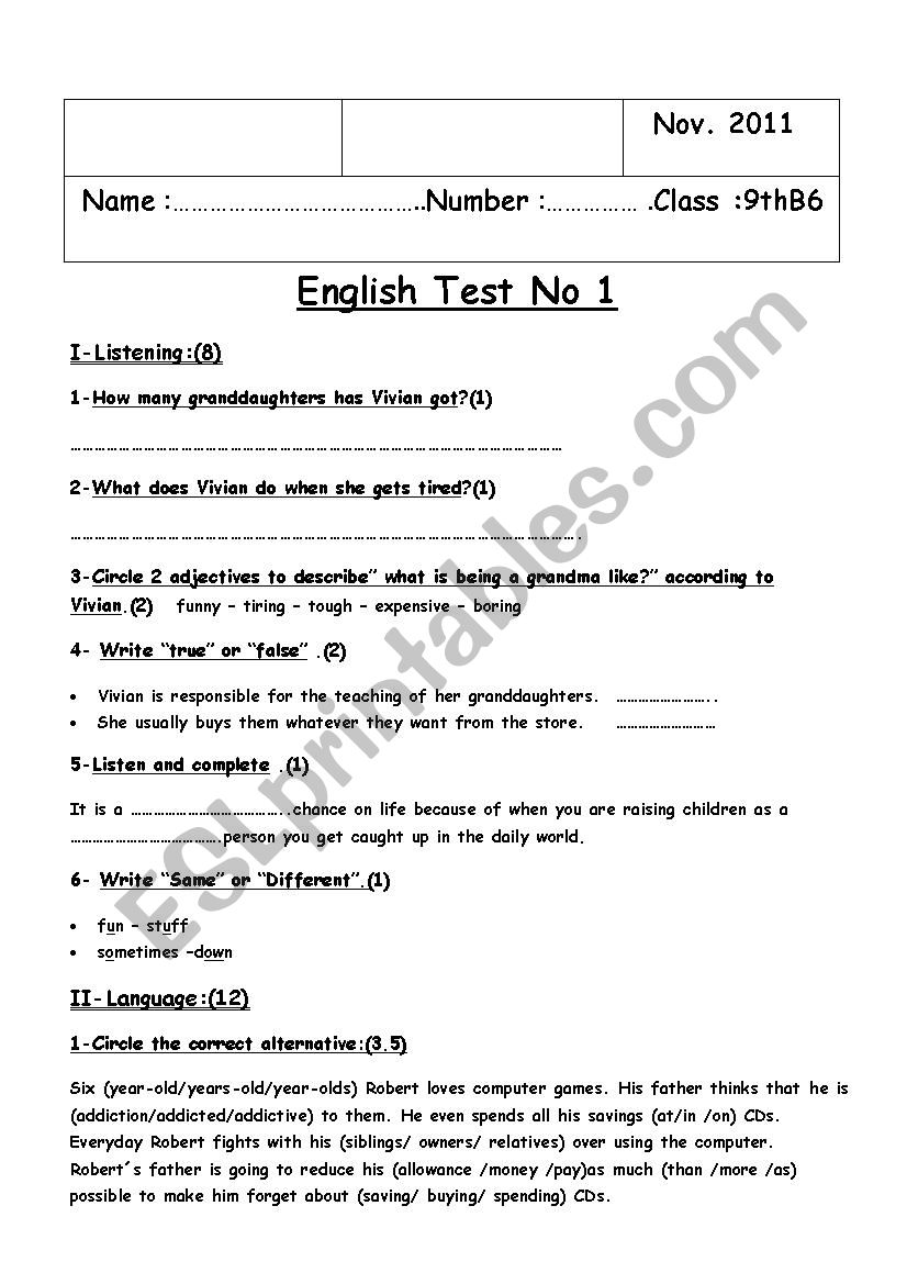 test 1 9th grade  worksheet