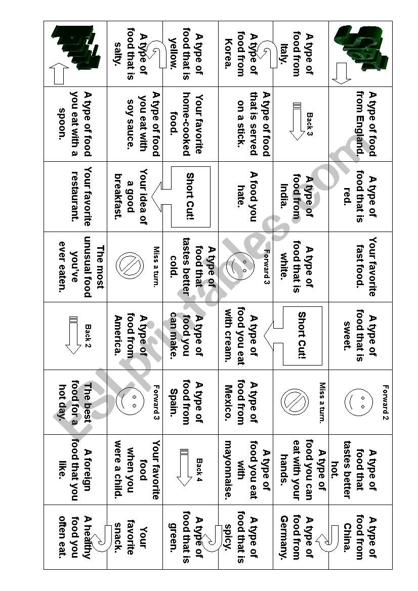 International Food board game worksheet