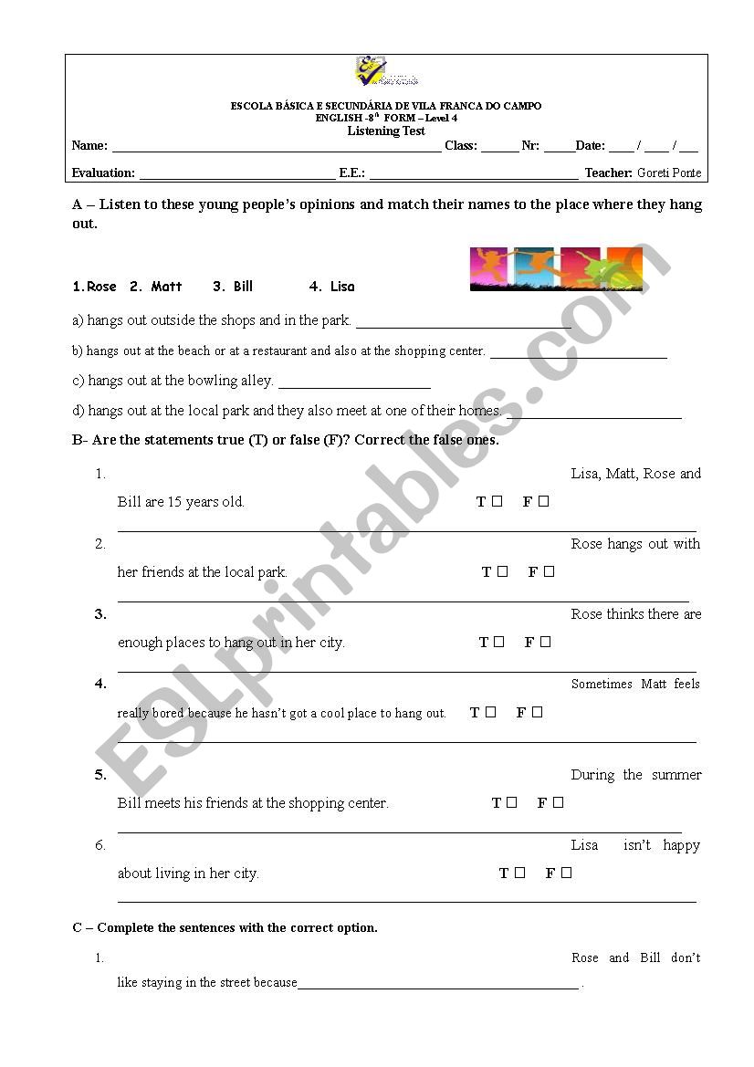 Listening test worksheet