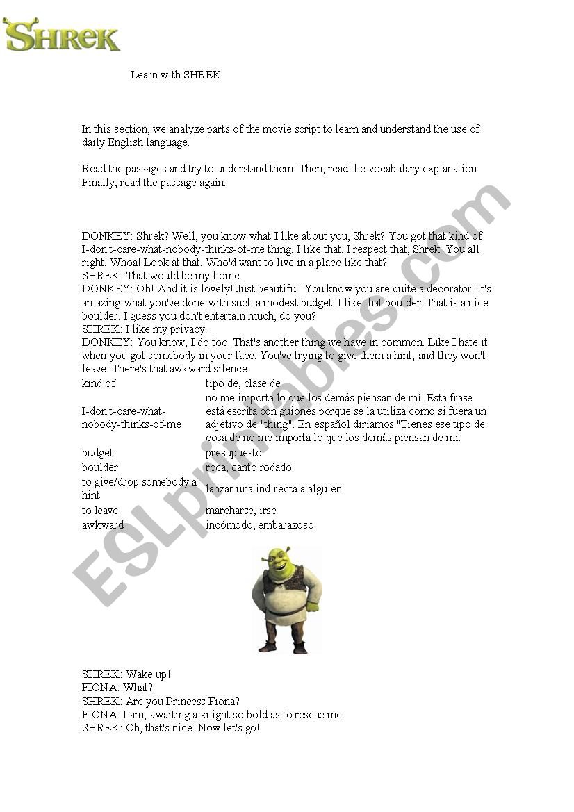 Shrek Reading worksheet