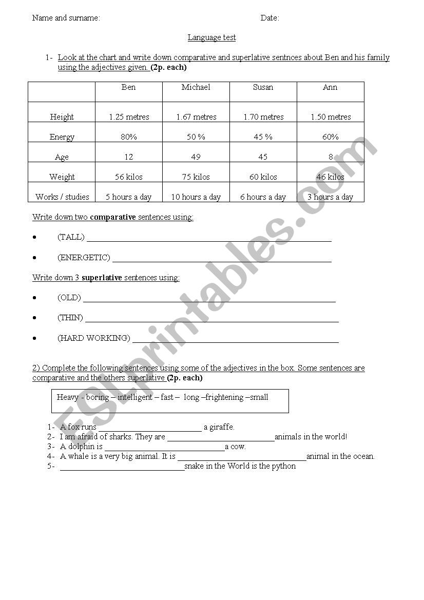 COMPARATIVES AND SUPERLATIVES TEST