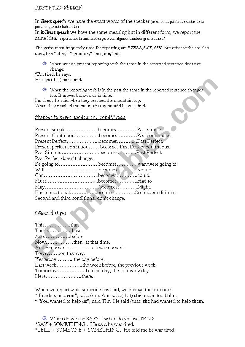 reported speech worksheet