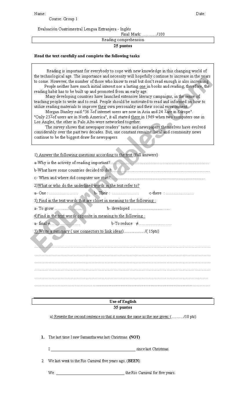 reading comprehension  worksheet