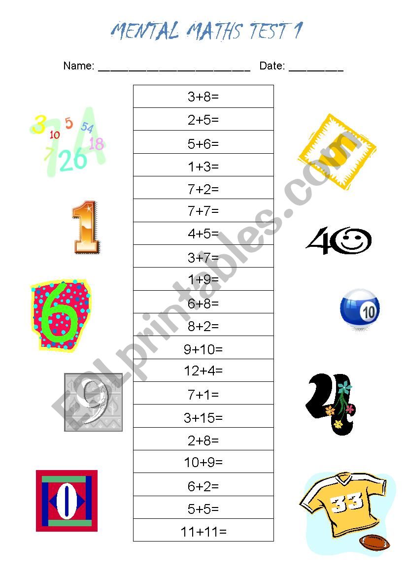 Mental Maths Test 1 worksheet