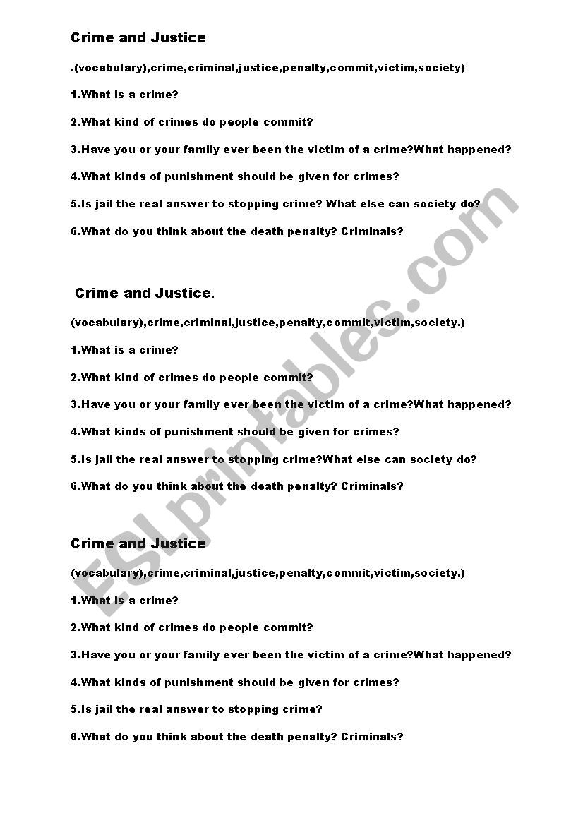 Crime and Justice worksheet