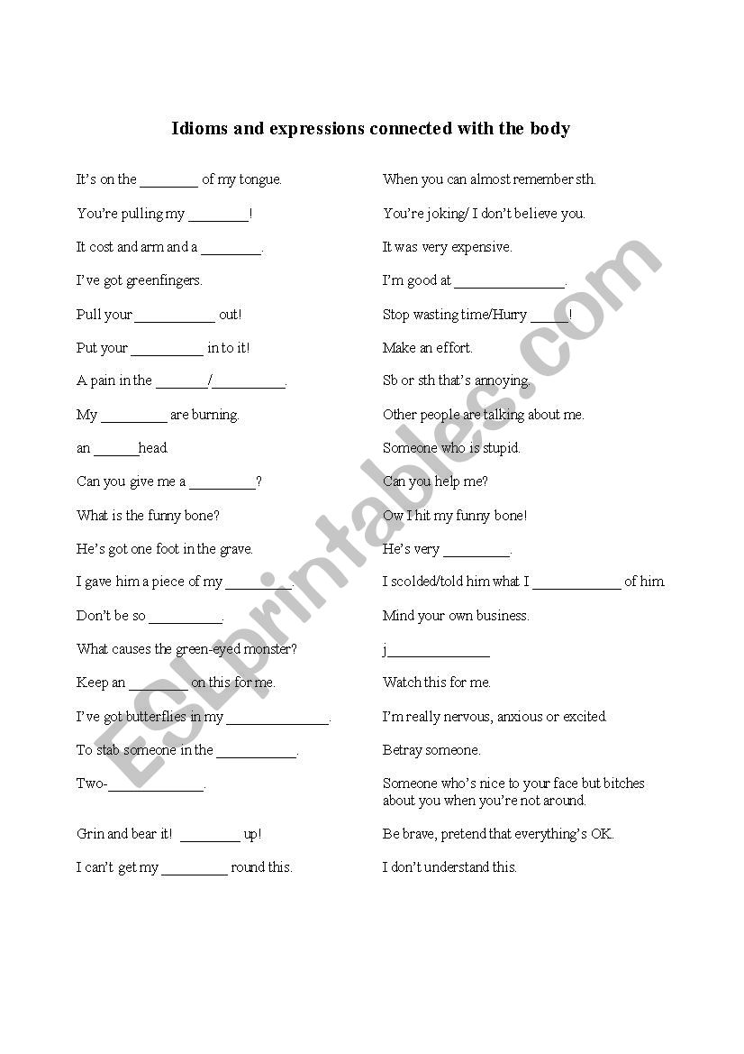 Body Idioms and Expressions worksheet