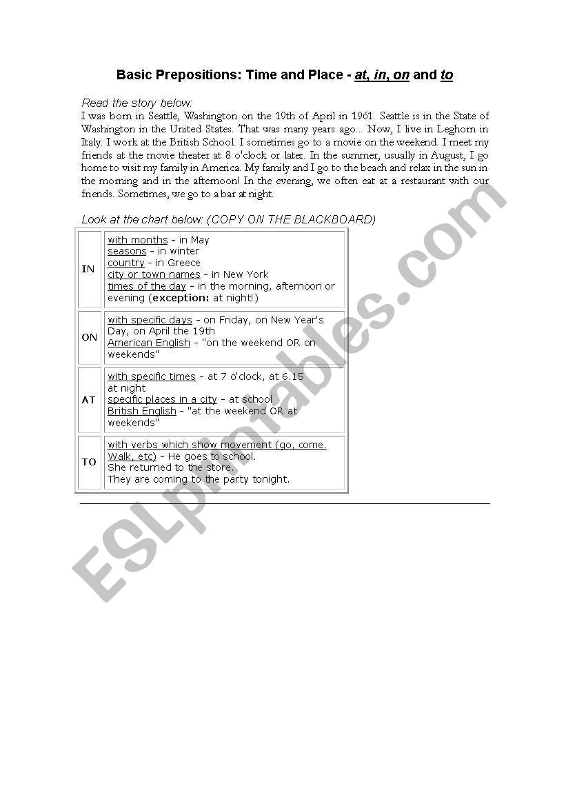 Time and Place prepositions worksheet