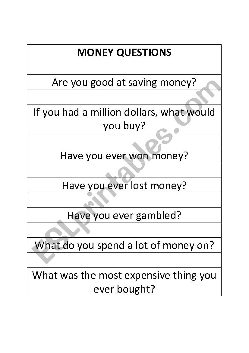 Money conversation questions worksheet