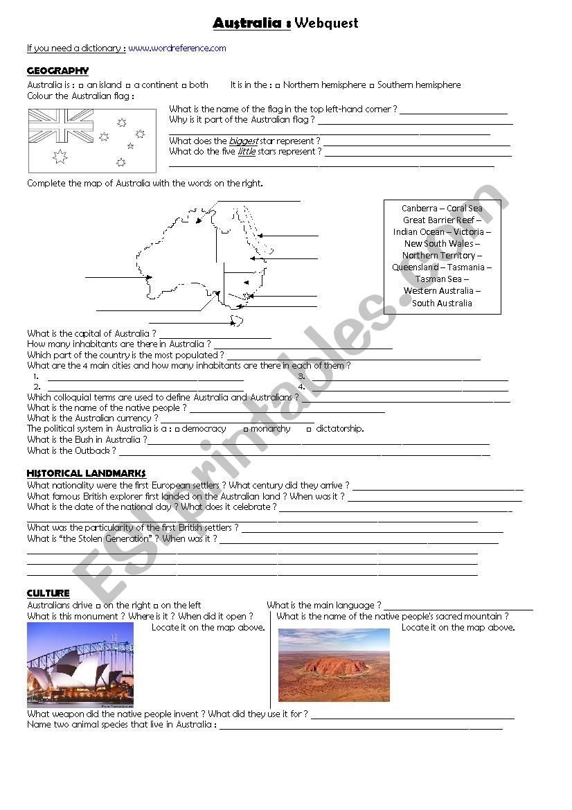 Autralia webequest worksheet