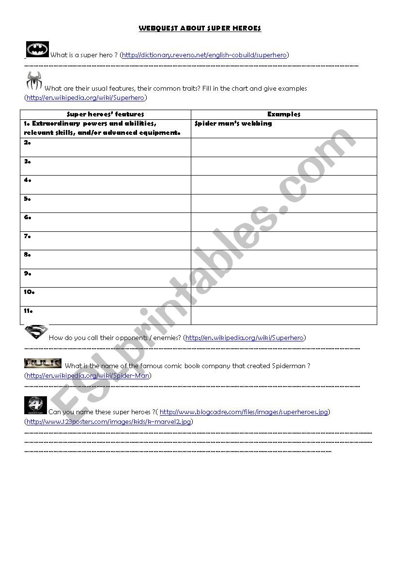 Webquest about superheroes worksheet