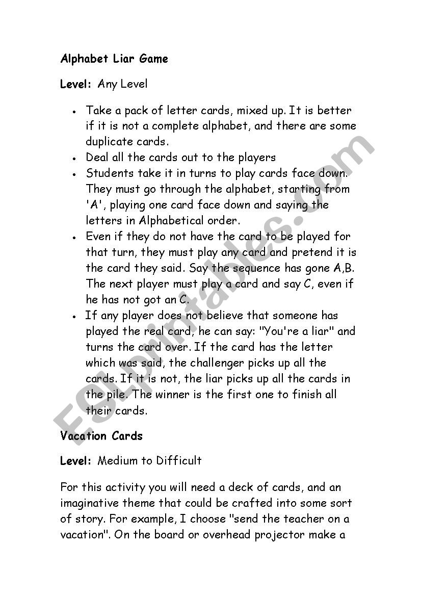 ALPHABET LIARR GAME worksheet