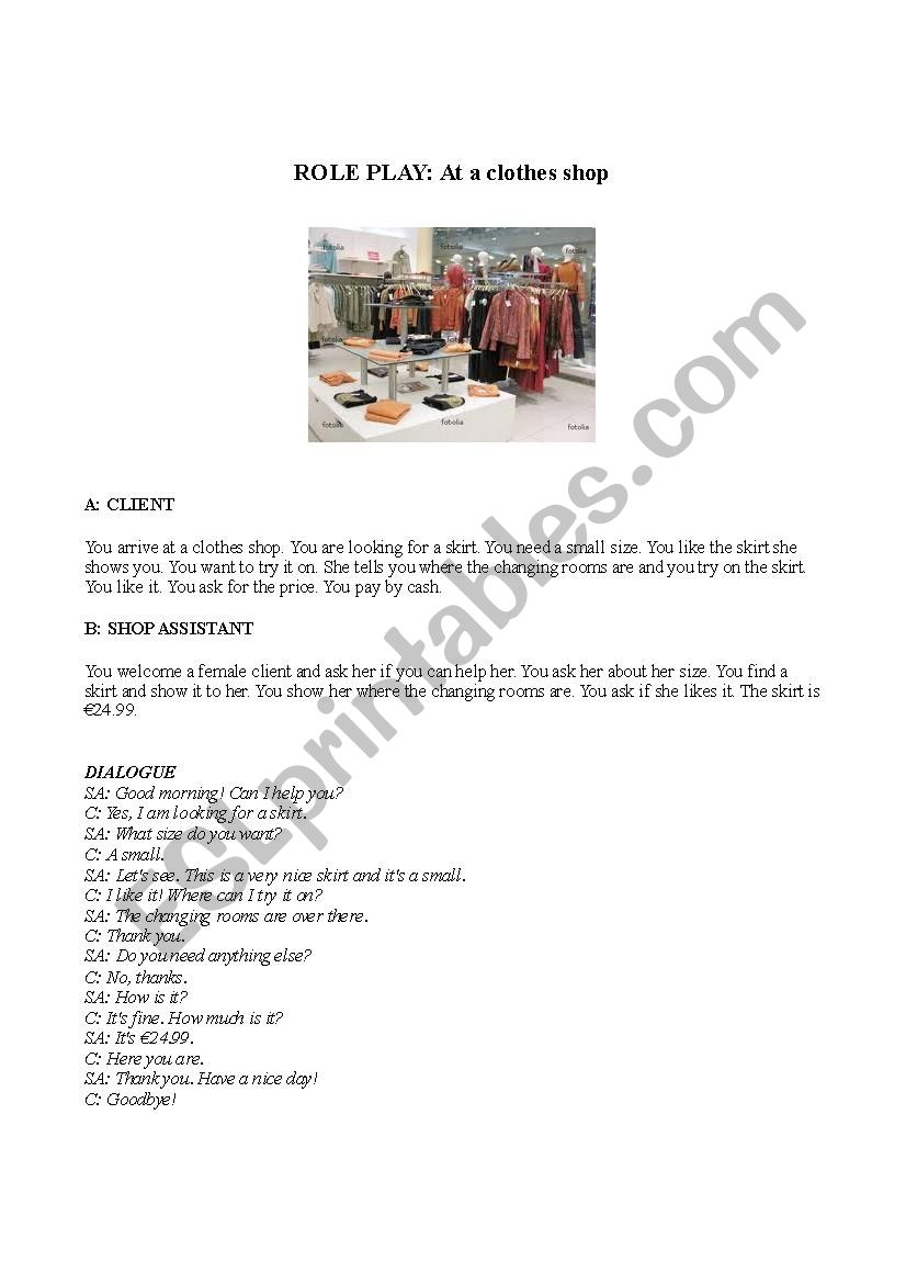 Clothes shop Roleplay worksheet