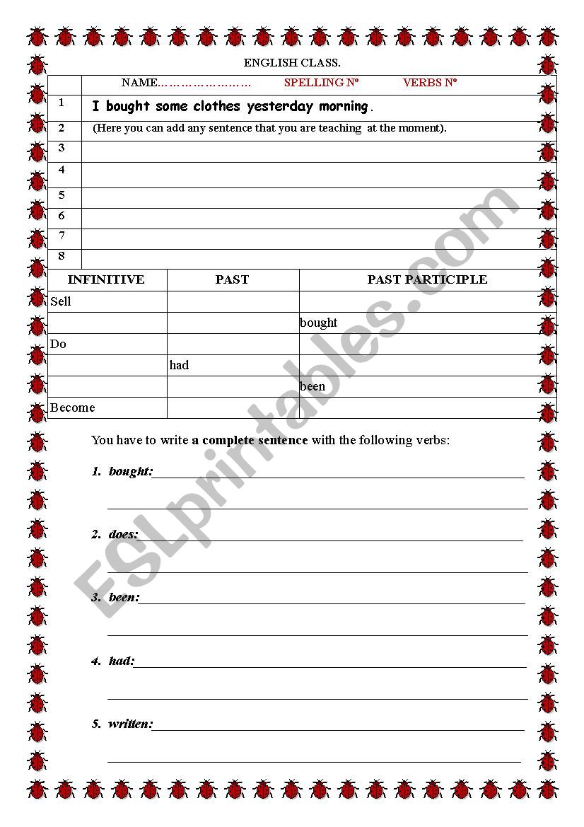 SPELLING AND IRREGULAR VERBS worksheet