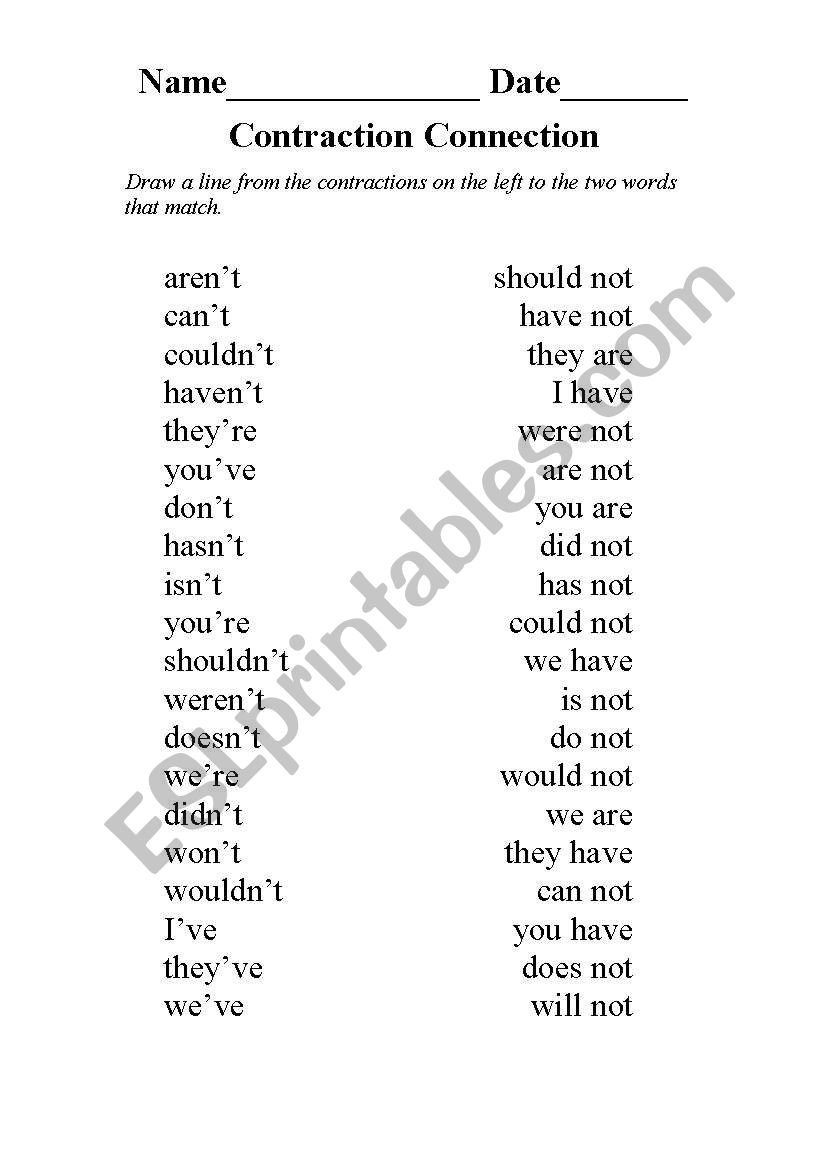 Contraction Connection worksheet