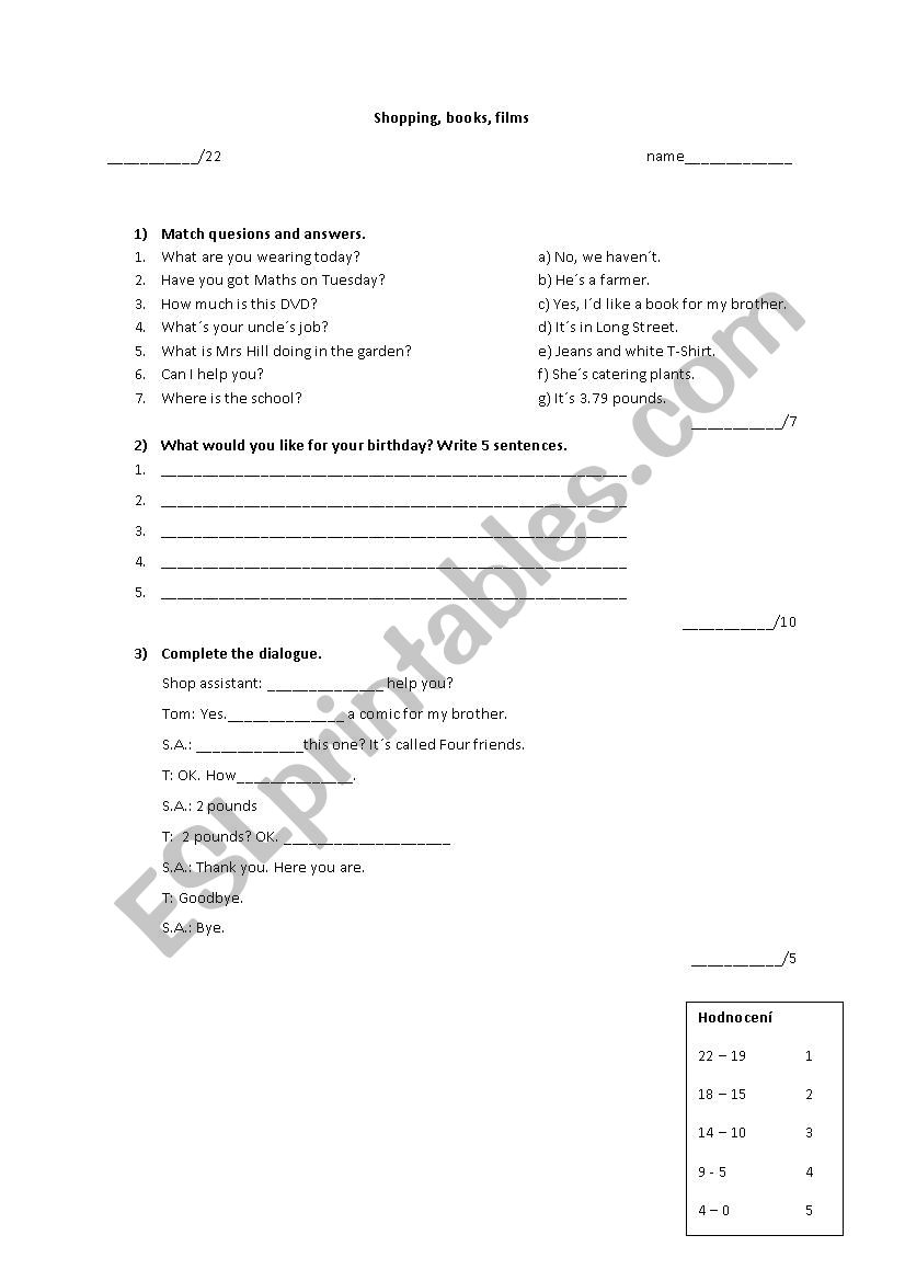 Shopping test, I would like worksheet