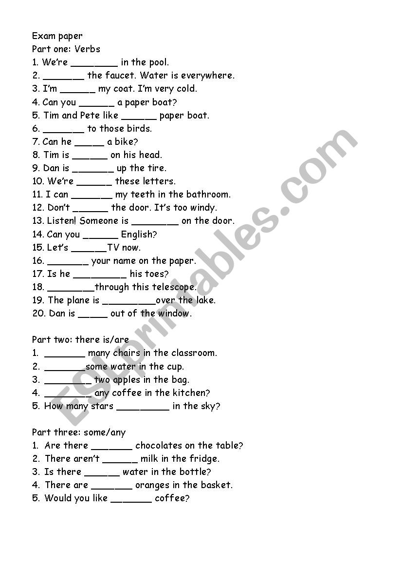 exam paper verb and preposition and there be sentences