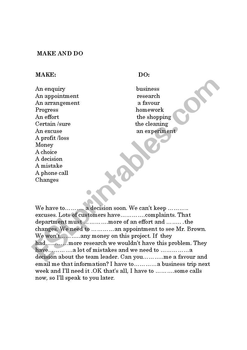 To Make and To Do expressions worksheet