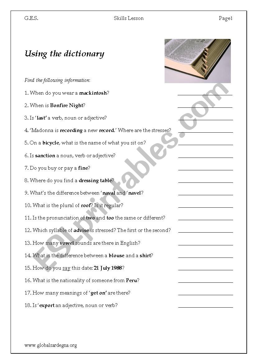 Using the dictionary worksheet