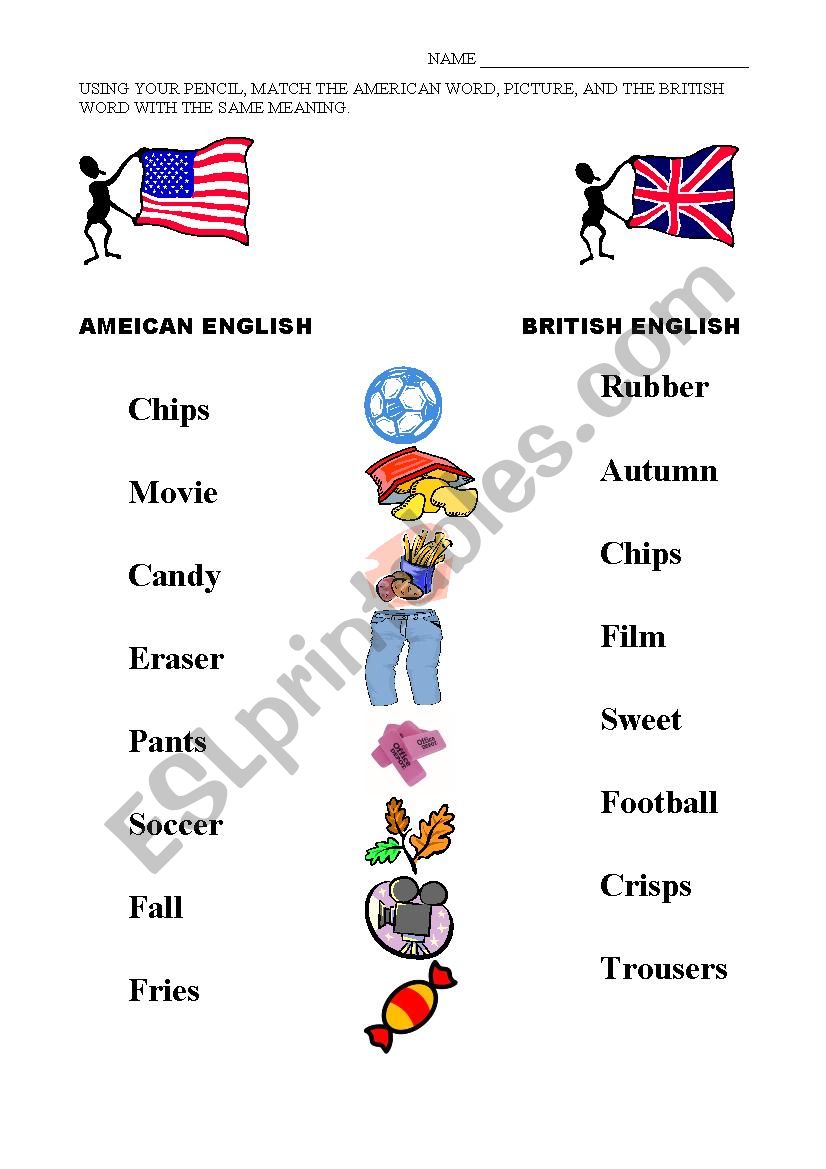 Simple Matching Activity for American/British Vocabulary