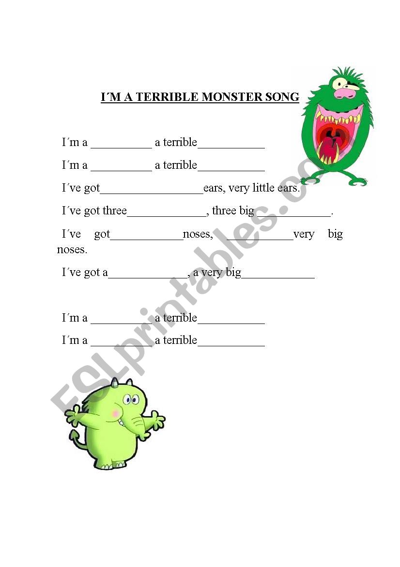 Im a terrible monster song worksheet