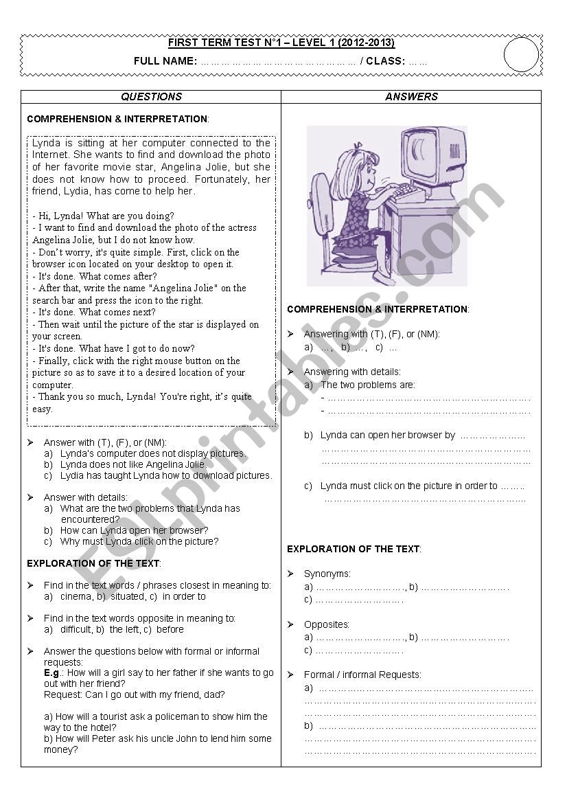 First Term Test of English - Level 1 