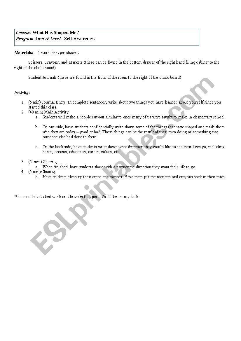 Self Awareness Cut Out worksheet