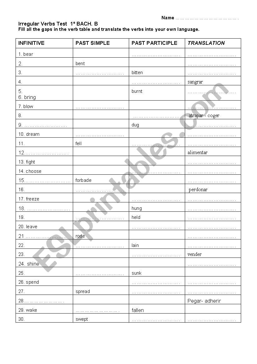 IRREGULAR VERBS TEST  worksheet