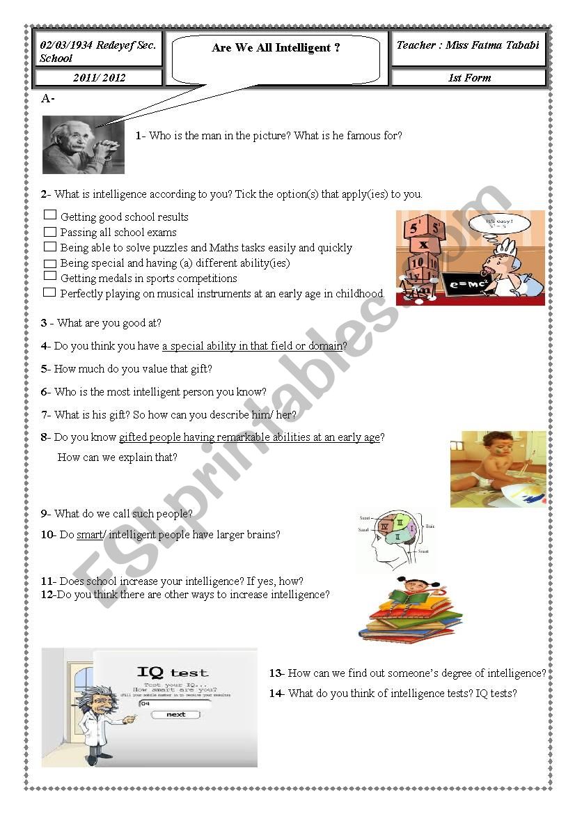 lesson : Are We All Intelligent ? 1st Form