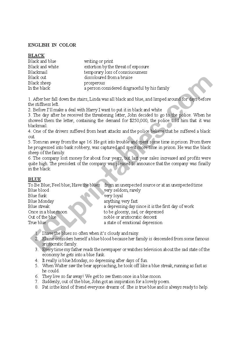 ENGLISH IN COLOURS worksheet