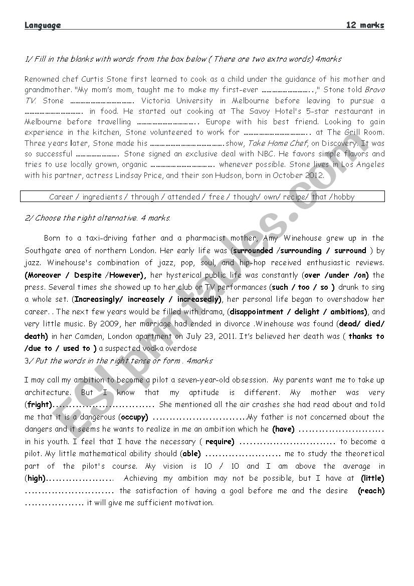 first year secondary school test one 