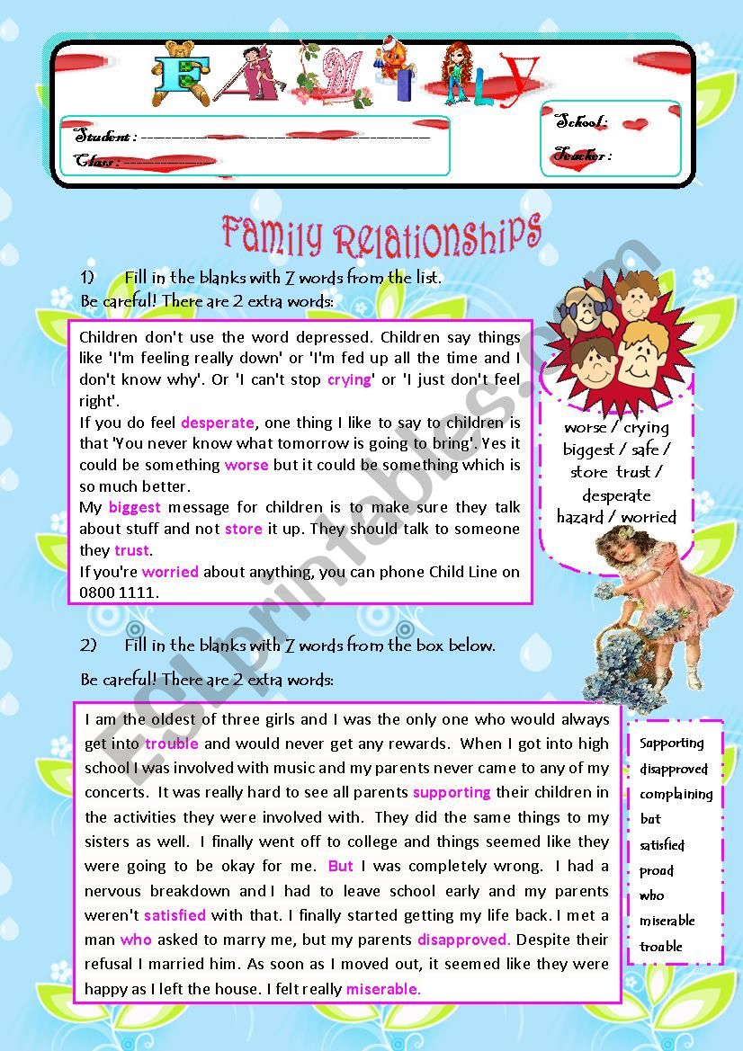 All About Family! Exercises on Family Relationships / Pocket Money / Household Chores (4 PAGES)