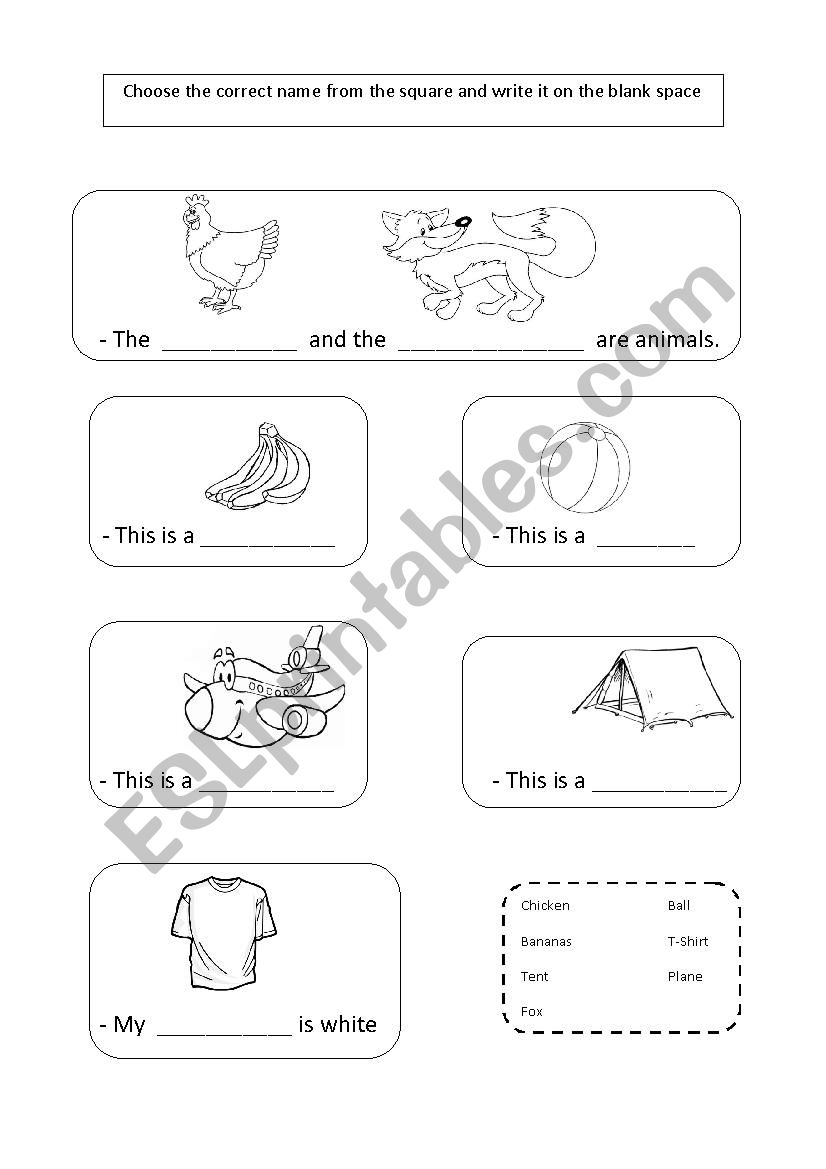Complete using the square - chicken, fox, t-shirt, plane, bananas, ball, tent
