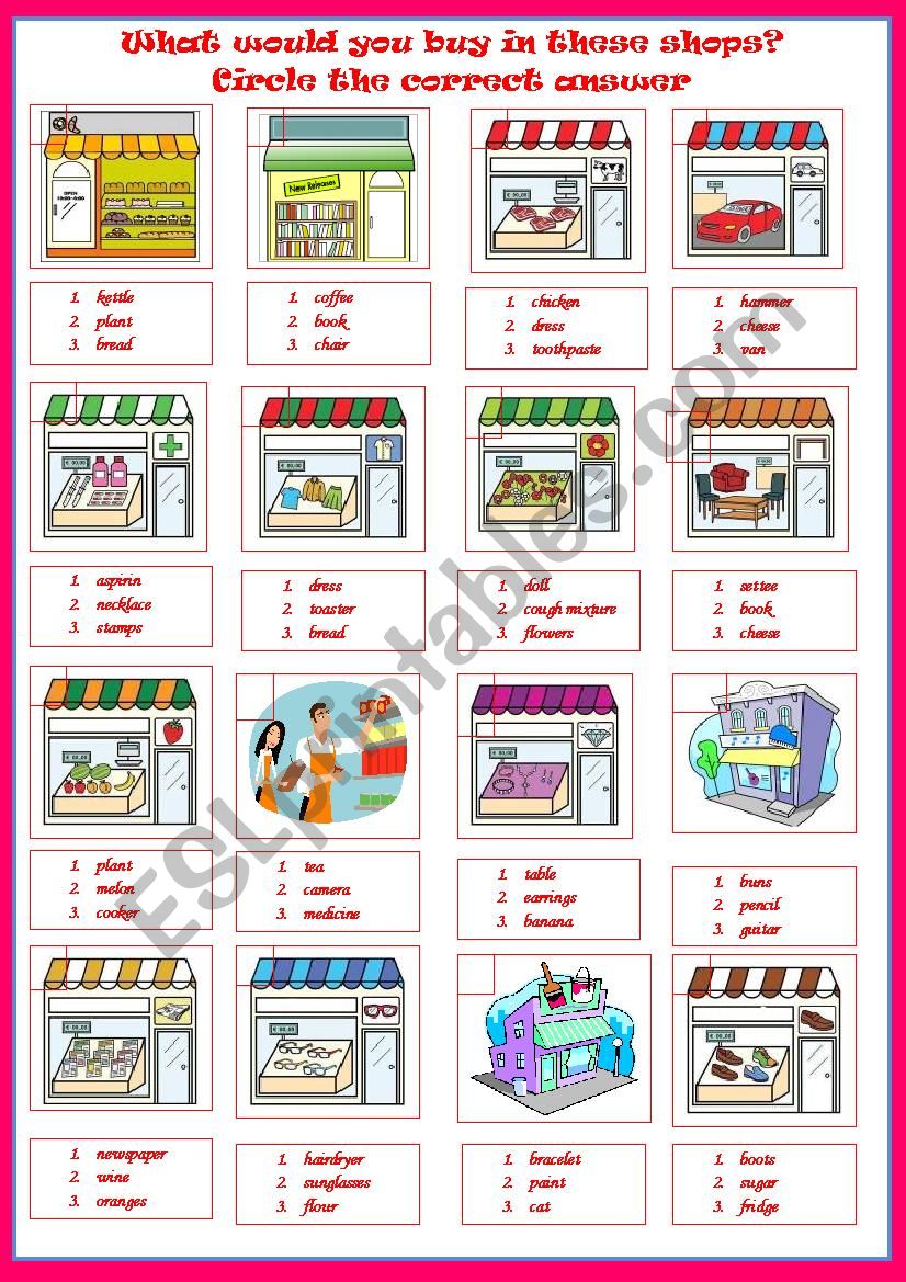 SHOPS - multi-choice worksheet