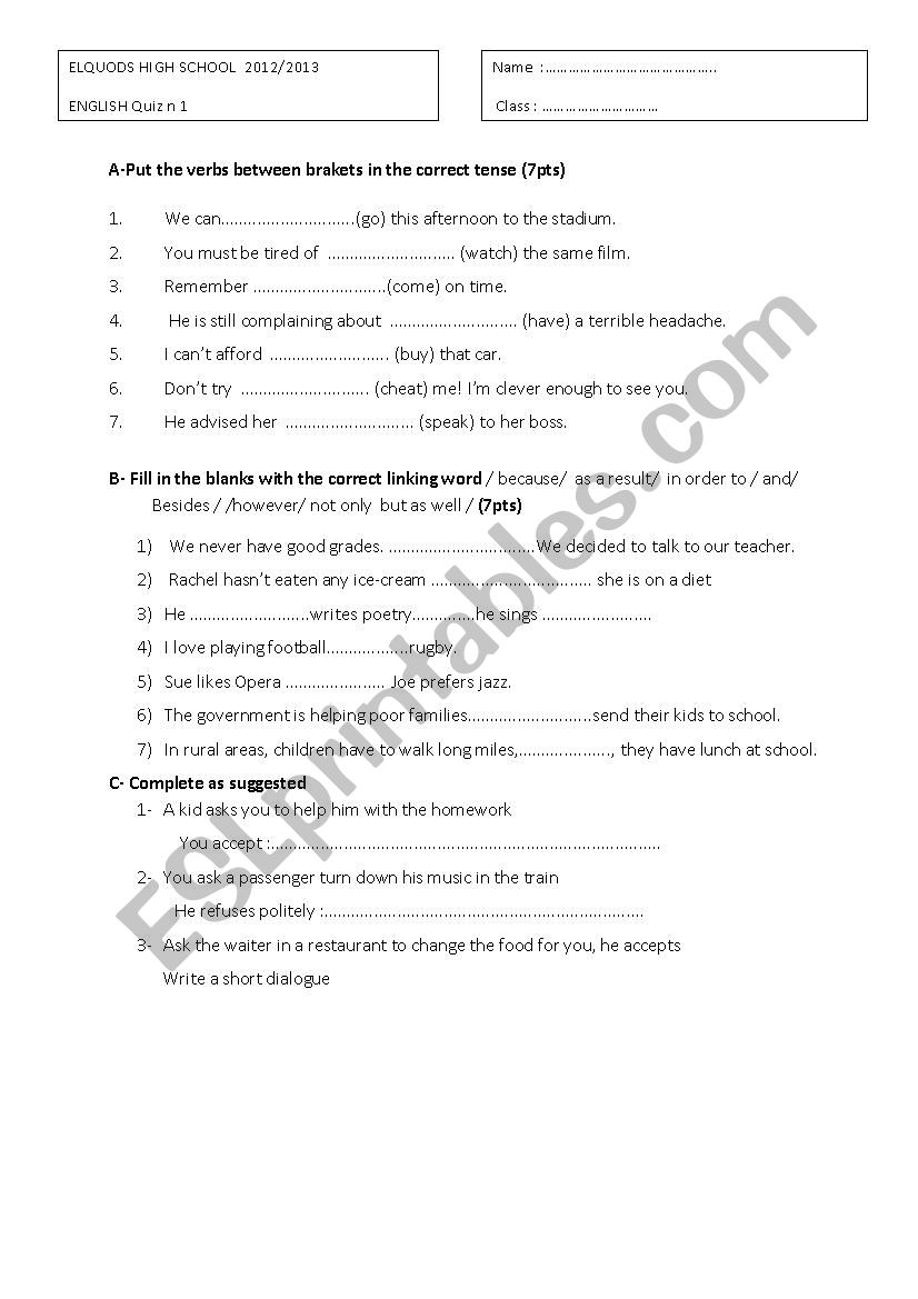 test bac 1 worksheet