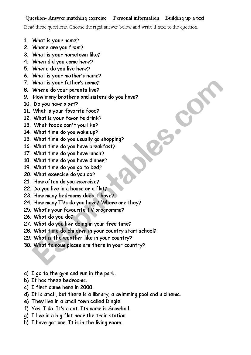 Personal Information question Answer Matching Exercise ESL personal-information-question-answer-matching-exercise-esl