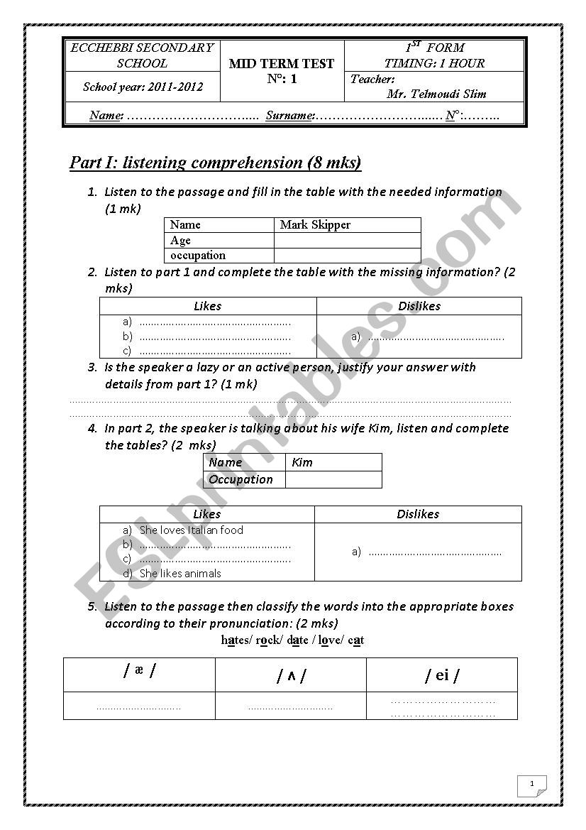 mid term test 1 1st year secondary