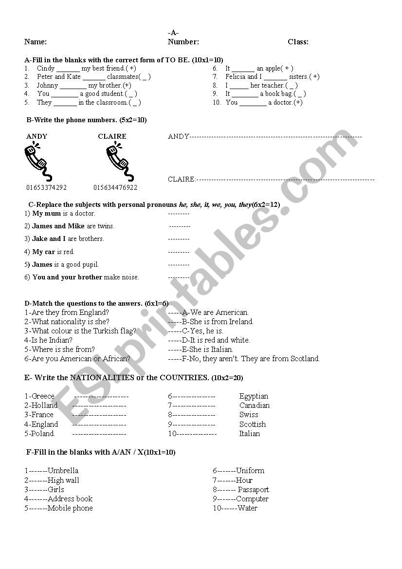 Exam for A1.1 worksheet