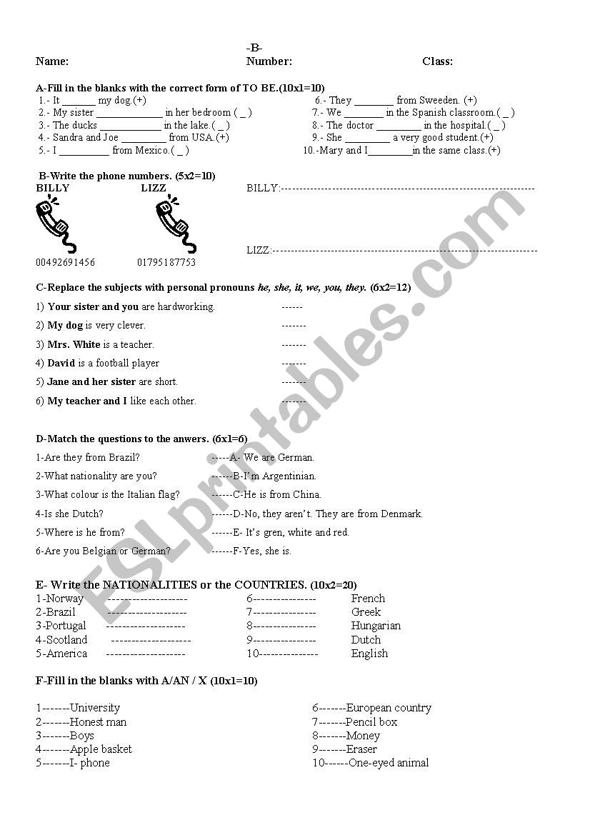 Exam for A1.1  second page worksheet