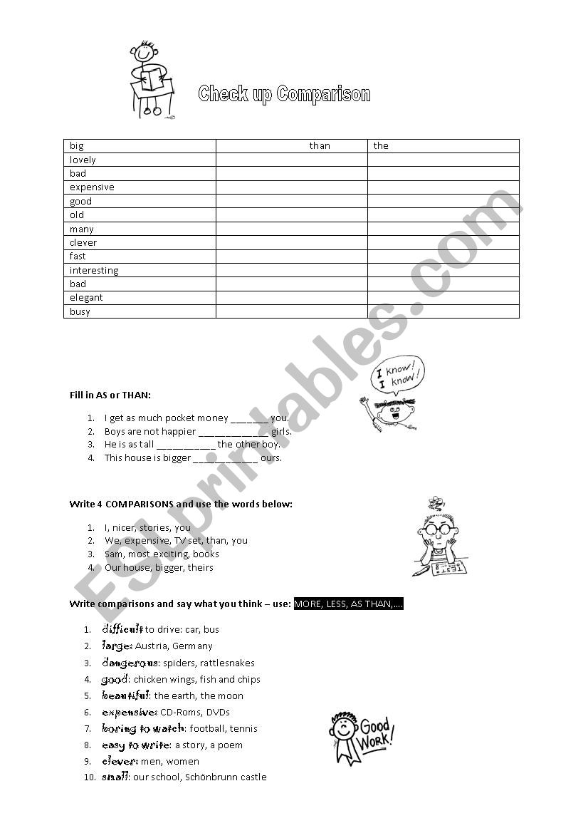 Check up comparison worksheet