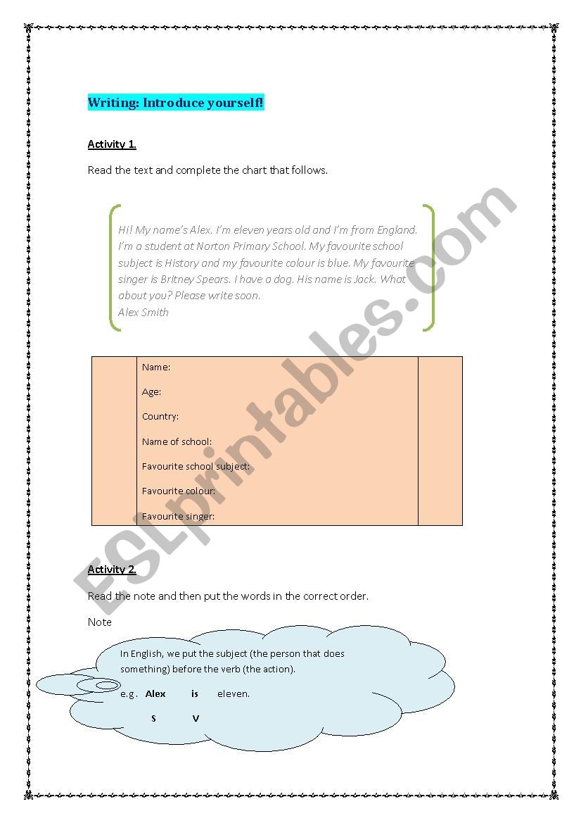 Writing: Introduce yourself! worksheet