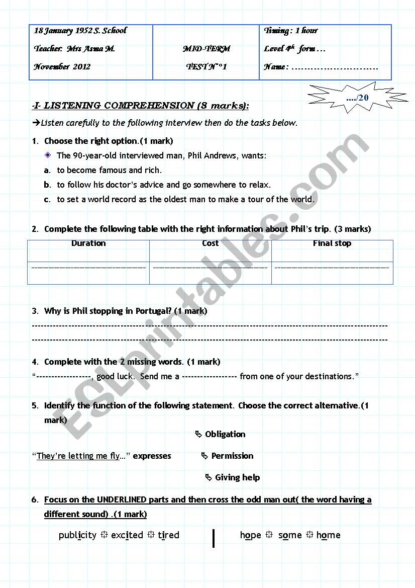 Mid-term test n1 4th form (TUNISIAN Curriculum)