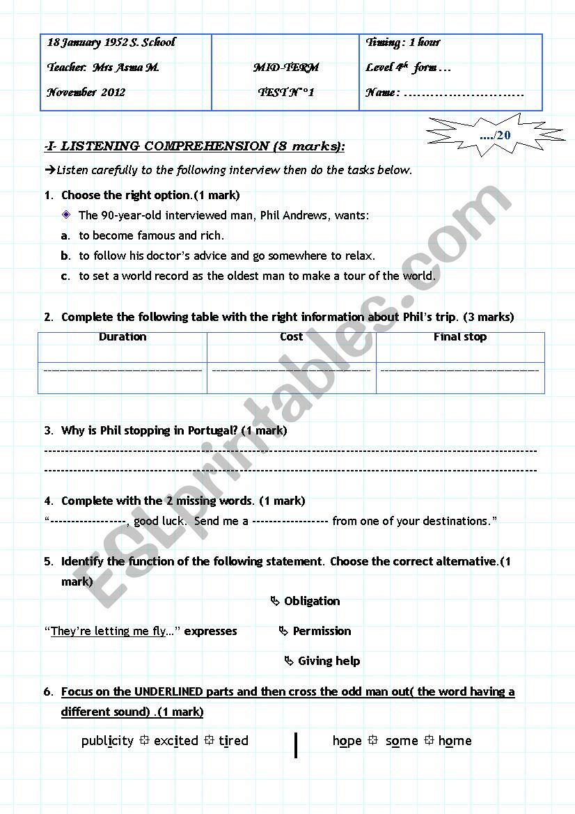 Mid-term test n°1 4th form (TUNISIAN Curriculum)