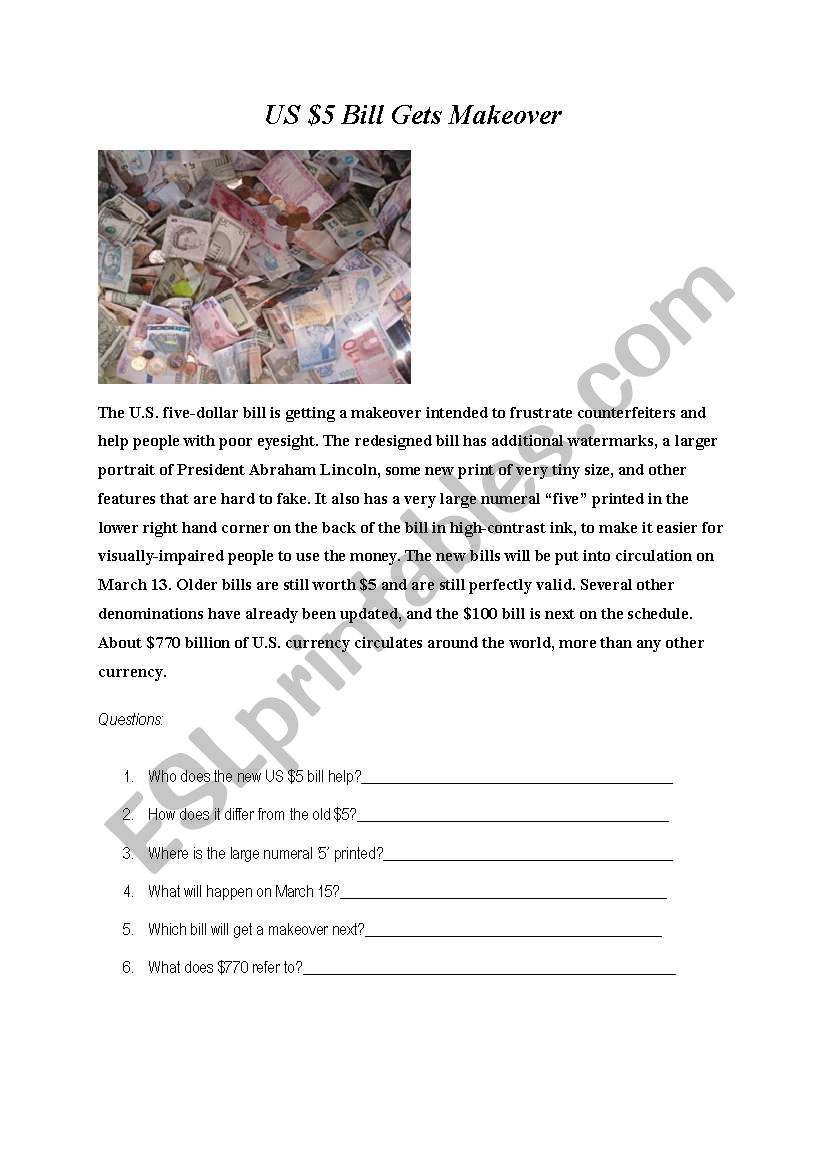 US $5 Bill worksheet